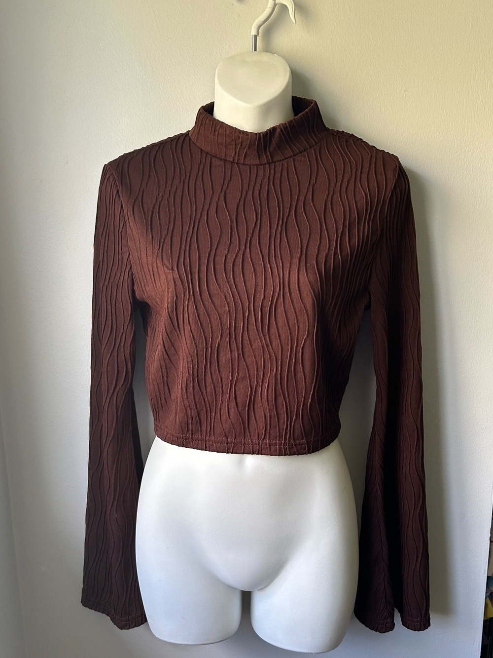 Brown Mock Neck Long Sleeve Textured Crop Top